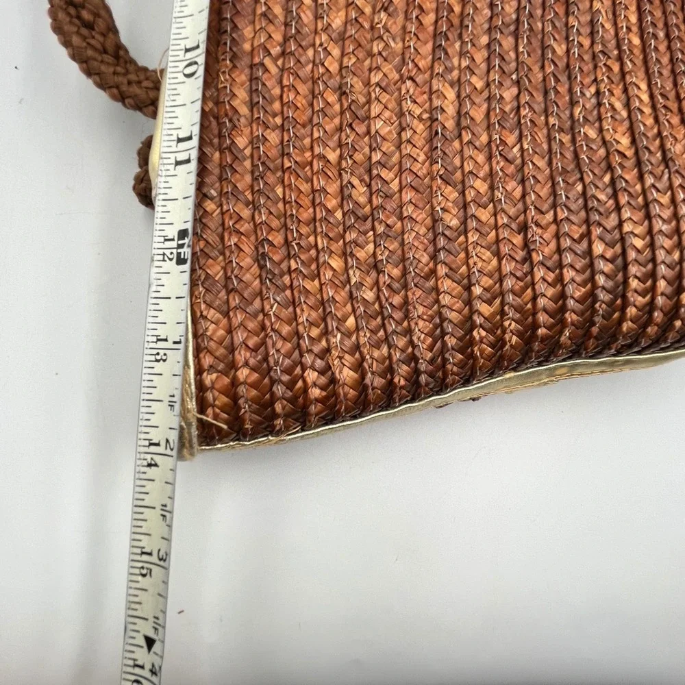 Worthington Tote Bag Brown Womens Woven Straw Gold Trim H 10 x W 14 x D 4.5 in